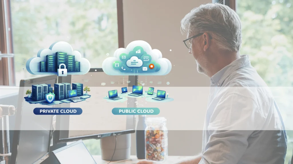 Schematische afbeelding: Private vs. Public Cloud – Wat is het verschil? En wat betekent het voor jouw bedrijfsdata?