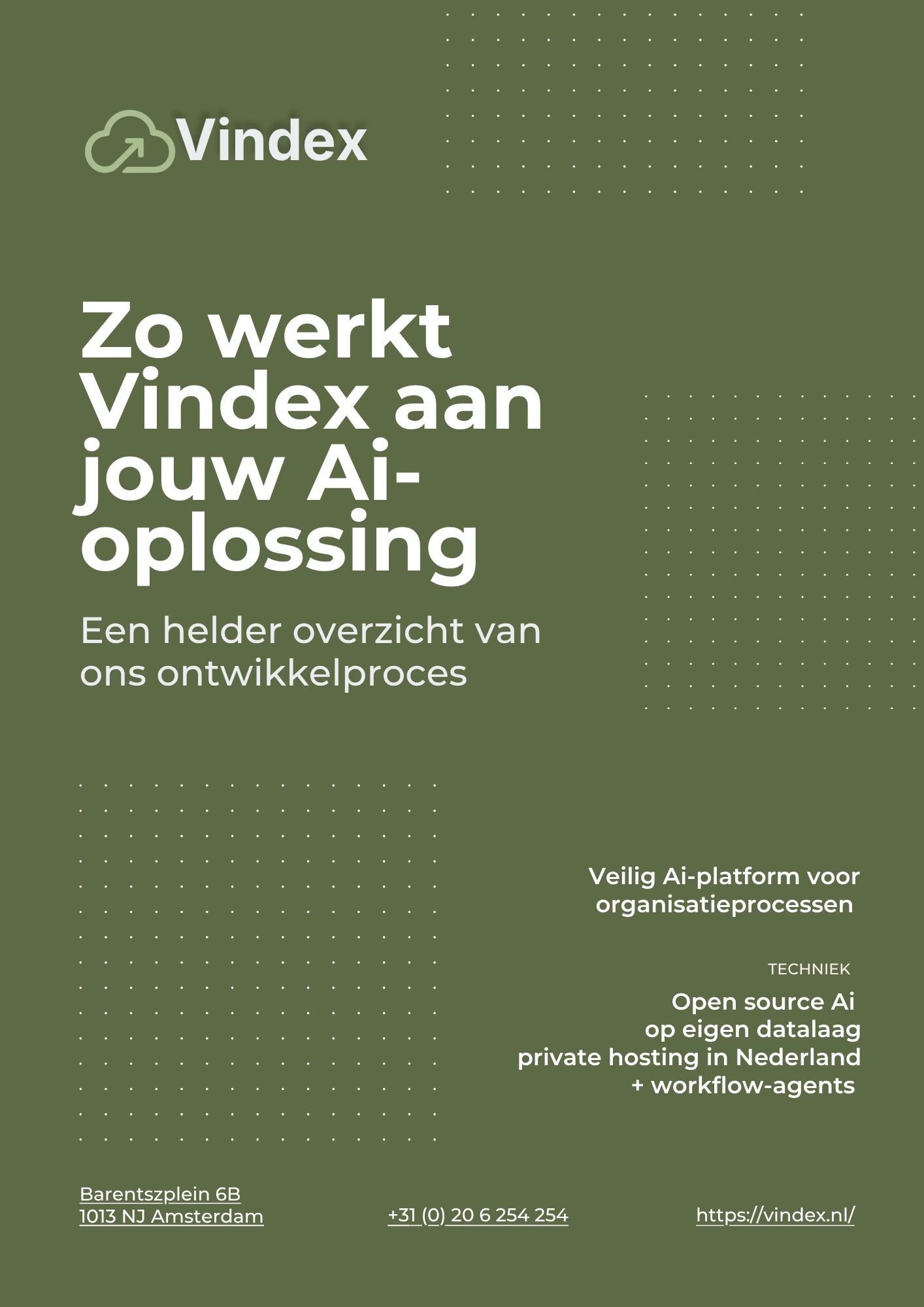 Brochure van Vindex die in vijf fasen laat zien hoe zij veilige AI‑agents ontwikkelen in een private cloud, van intake tot livegang en doorontwikkeling.