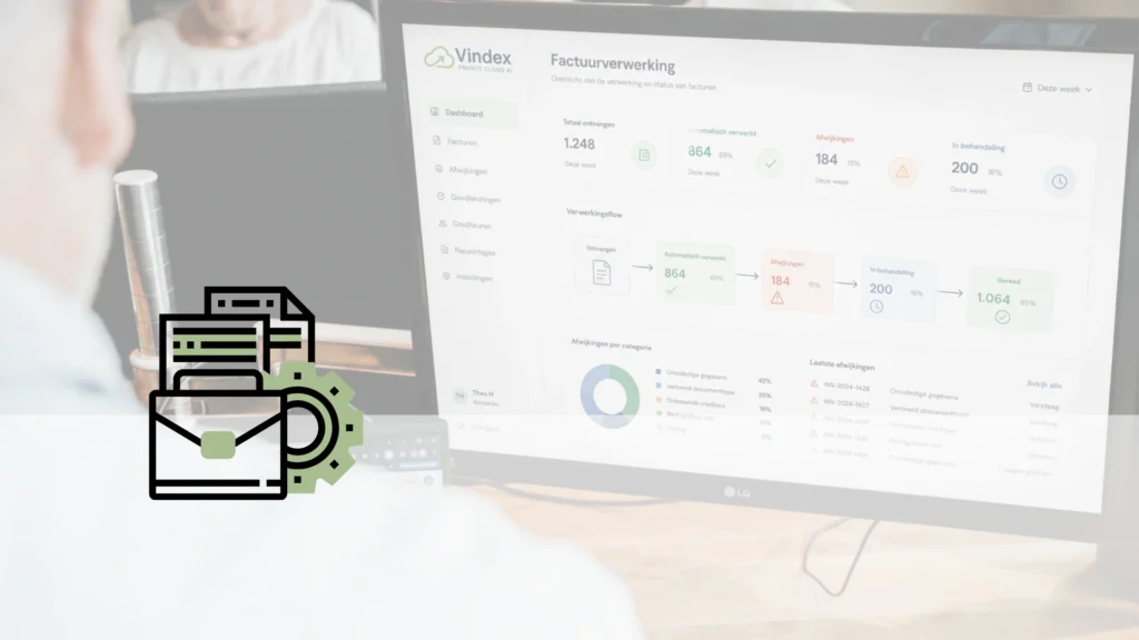 Kantooromgeving waarin een medewerker werkt met de Vindex Private Cloud AI factuurverwerkingsapplicatie. Op het scherm is een dashboard zichtbaar met statusinformatie, afwijkingen en de voortgang van de factuurverwerking.