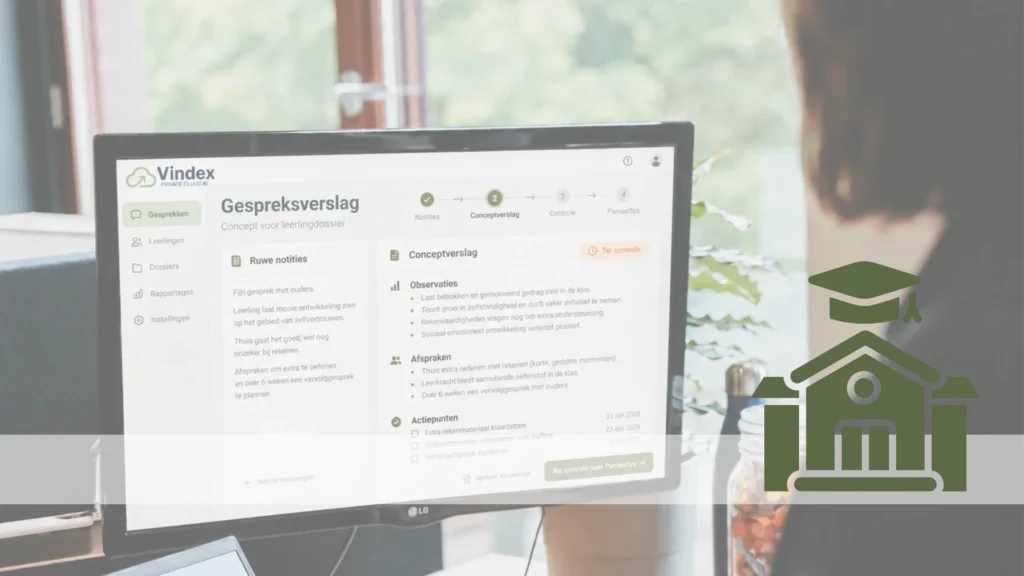 Vindex-platform toont een conceptverslag van een oudergesprek met observaties, afspraken en actiepunten voor het leerlingdossier in ParnasSys.