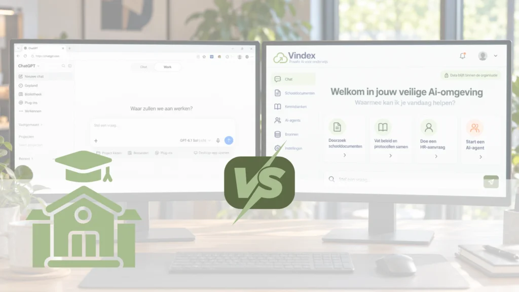 Twee beeldschermen naast elkaar met links het ChatGPT-portaal en rechts de private Ai-omgeving van Vindex voor scholenorganisatie.